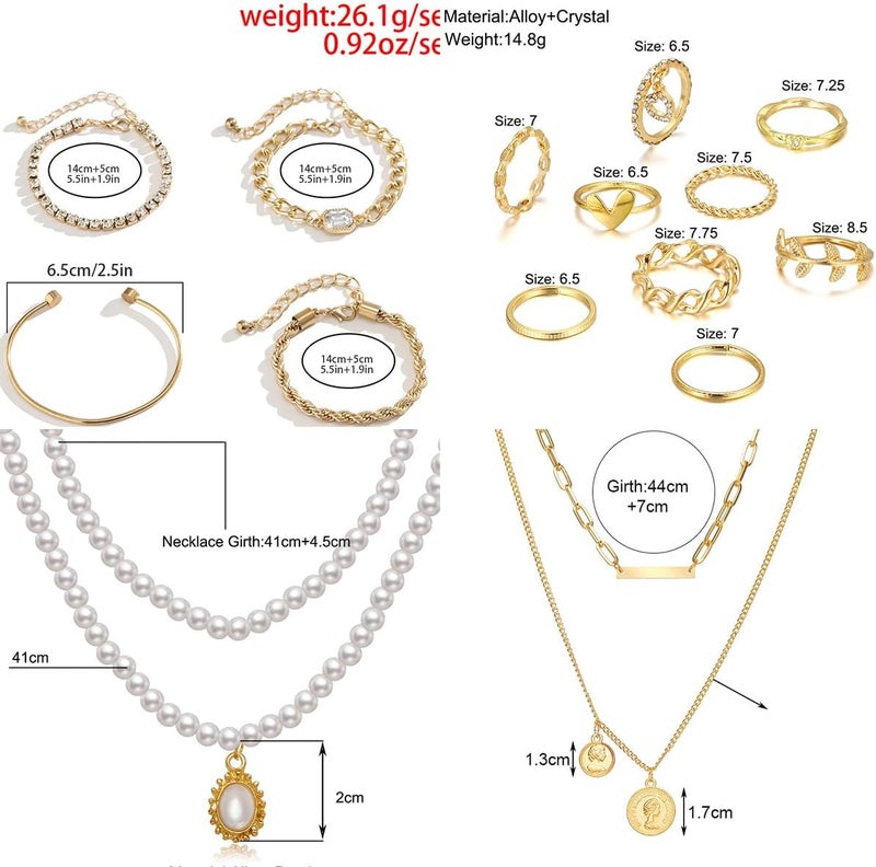 CONGYING 73 Pcs Gold Jewelry Set with 6Pcs Layered Necklace, 11 Pcs anklet and 7Pcs Earring Ear Cuff,12Hoop Earrings ,15pcs Rings,21pcs stud earrings Jewerly set for Women Pack for Friendship Party Gift - Image 2